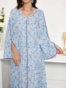 Al Najma Women's V-Neck Split Sleeve Casual Arabian Dress, Full Length Jalabiya, Casual Dress