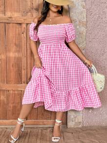 SHEIN Holidaya Vintage Kẻ Sọc Plus Size Nữ Off-The-Shoulder Ngắn Tay Phồng Bong Bóng Viền Xù Viền Đầm Thanh Lịch - Đỏ - Xem 4