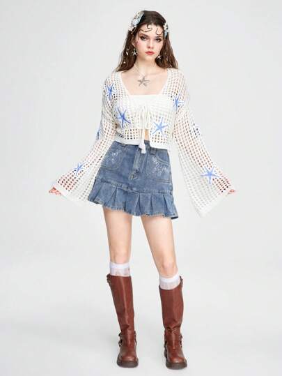 Fairycore Holiday Starfish Embroidery Hollow Out Knitted Short Cardigan With Flare Sleeves