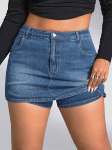 SHEIN ICON Plus Size Women Plain Casual Denim Shorts For Daily Wear