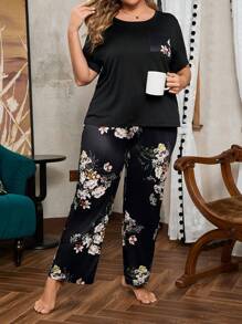 Plus Size Color Block Short Sleeve Top With Pocket And Flower Printed Long Pants Pajama Set For Spring/Summer, Outfits - Black - View 4