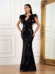 SHEIN Belle Váy dạ hội nữ đính lông vũ giả sang trọng và lãng mạn có chi tiết vai (Mẫu nặng) Váy dạ hội trang trọng cho nữ, Váy dự tiệc cưới màu đen, Váy tốt nghiệp, Váy dự tiệc tối - màu đen - Xem 7
