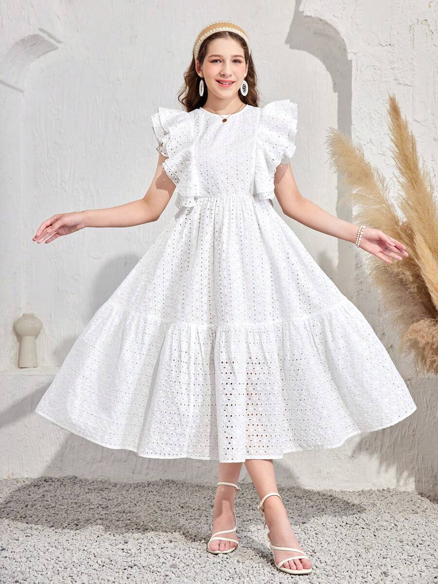 Vestido casual blanco tejido con capas, mangas de volantes bordados para adolescente - Blanco - Ver 1