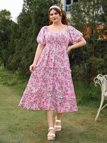 Dreamara Vestido de talla grande con cintura ajustada en línea A, estampado de plantas y flores brillantes en múltiples colores - Multicolor - Ver 4