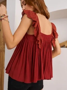 Bohemela Women Summer Flowy Vacation Top With Square Neckline, Sleeveless Design And Ruffled Hem - Burgundy - View 4