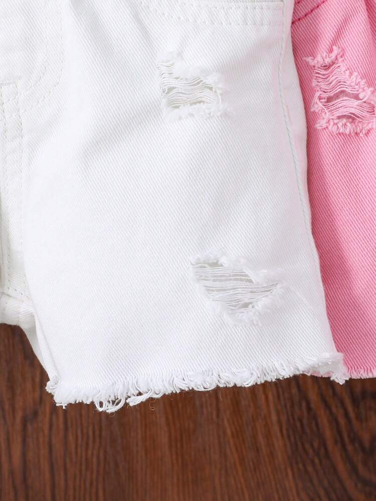 Baby Girl Denim Shorts 2pcs/Set, Soft Water-Washed Ripped Casual Shorts, Comfortable To Wear In Spring And Summer