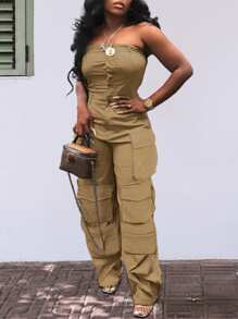 Mono informal de cintura elástica de unicolor con múltiples bolsillos - Camel - Ver 5