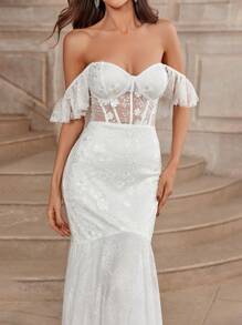 SHEIN Belle Elegant, Gorgeous And Sexy Off-Shoulder Off-Shoulder Ruffled Sleeves, Patchwork Stretch Lace Details, Paired With A Classic French Sheer Lace Top, With Herringbone Breast Cups And Matching Fishnet Tulle Lace Mermaid Dress, Suitable For Weddings, Festivals, Proms, Bachelorette Parties, Extra-Long Tail Wedding Dresses White Bridal Dress