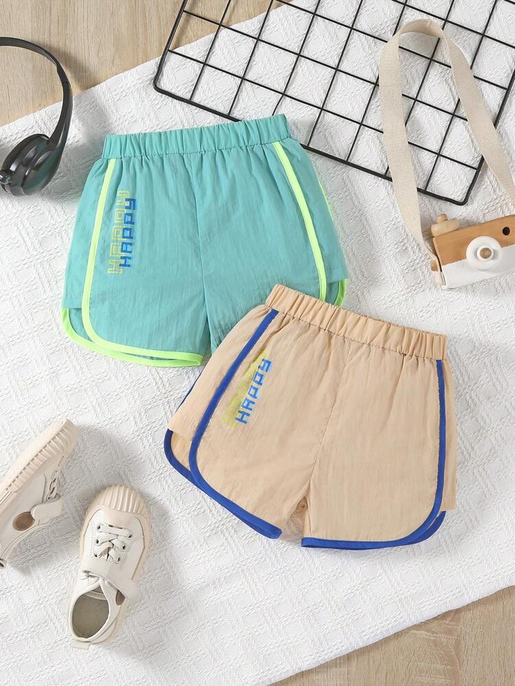 2pcs/Set Infant Boys' Fashionable And Cute Colorblocked Shorts With Elastic Waistband, One Pair In Beige With Blue Details And Letter Print, The Other In Dark Green With Light Green Details And Pattern Print, For Spring/Summer