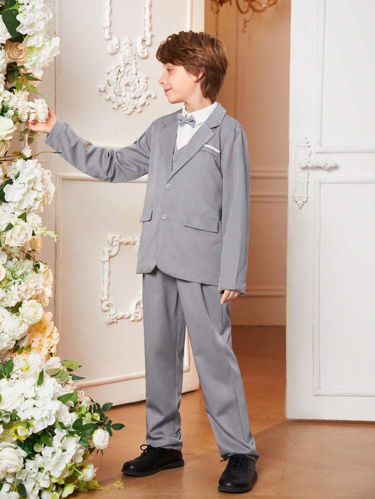 Tween Boy Solid Color Suit Jacket And Pants Set, Gentleman Style