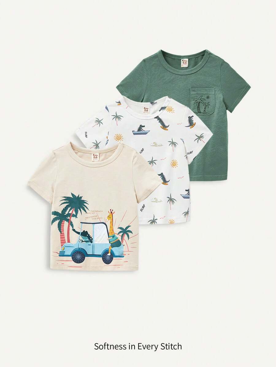 Cozy Pixies Weicher Strick, Lässiges Urlaubs-t-shirt Mit Rundhalsausschnitt Und Kokosnussbaum-, Giraffen- Und Automuster Für Babys (jungen), 3er-set