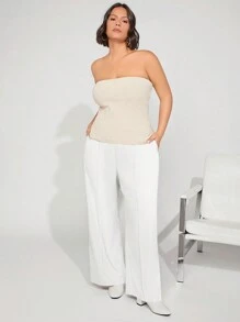 SHEIN BASICS Plus Size Women Solid Color Pleated Loose Straight Wide Leg Casual Pants For Daily Wear - White - View 3
