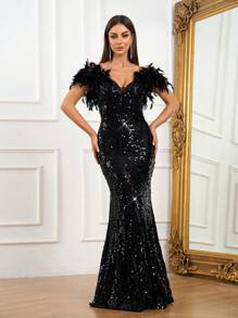 SHEIN Belle Váy dạ hội nữ đính lông vũ giả sang trọng và lãng mạn có chi tiết vai (Mẫu nặng) Váy dạ hội trang trọng cho nữ, Váy dự tiệc cưới màu đen, Váy tốt nghiệp, Váy dự tiệc tối - màu đen - Xem 5