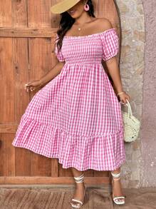 SHEIN Holidaya Vintage Kẻ Sọc Plus Size Nữ Off-The-Shoulder Ngắn Tay Phồng Bong Bóng Viền Xù Viền Đầm Thanh Lịch - Đỏ - Xem 5