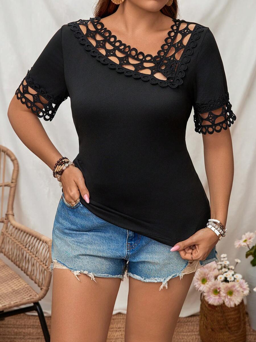 EMERY ROSE Plus Size Women Summer Hollow Out Asymmetrical Collar Short Sleeve Casual T-Shirt - Black - View 1