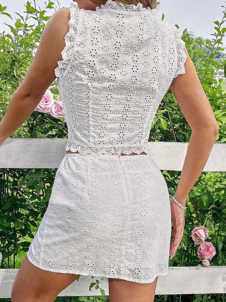 Women Summer Lace Patchwork Tie Front Sleeveless Top And Maxi Skirt Vacation 2 Pieces Set