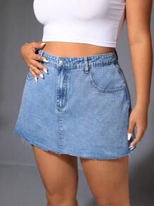 SHEIN ICON Plus Size Summer Casual Frayed Washed Denim Skirt - Medium Wash - View 4
