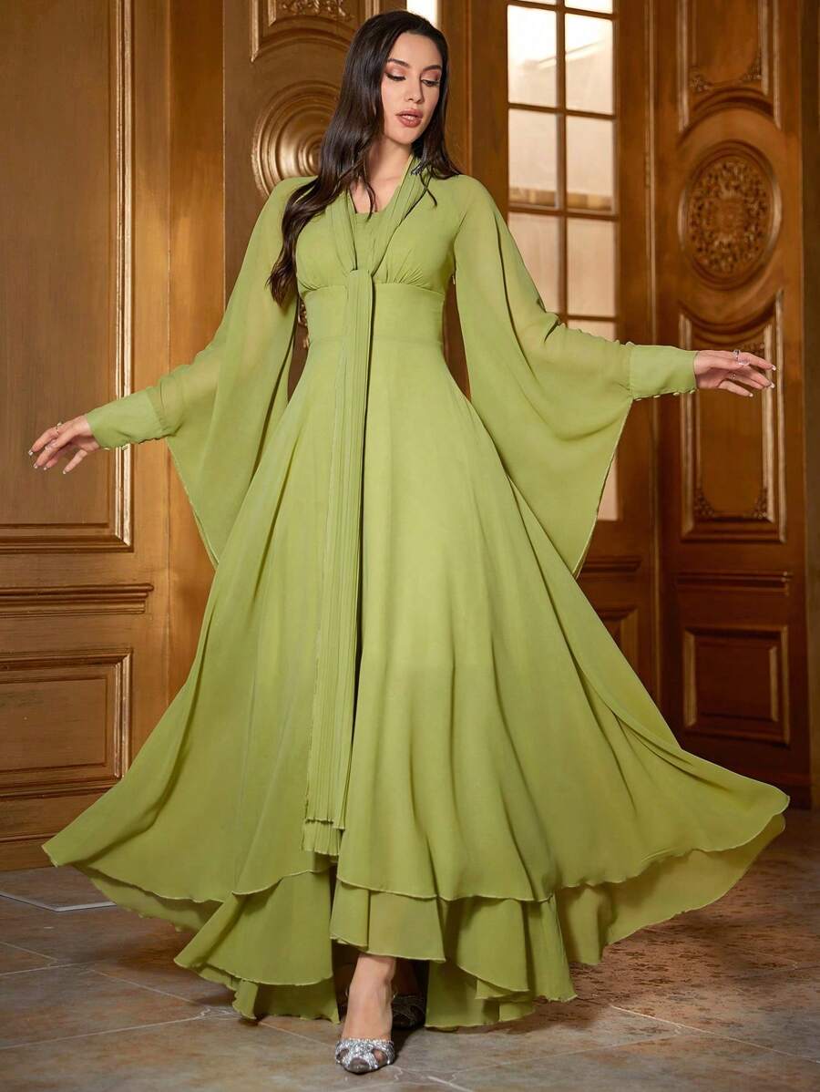 Women Solid Color Flare Sleeve Flowy Midi Dress - Green - View 1