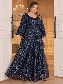 Đầm dạ hội dài tay bồng họa tiết hoa nhí cỡ lớn, thanh lịch, thích hợp cho tiệc prom, đám cưới, lễ tốt nghiệp, tiệc tối, kỳ nghỉ xuân. - Màu xanh hải quân - Xem 4