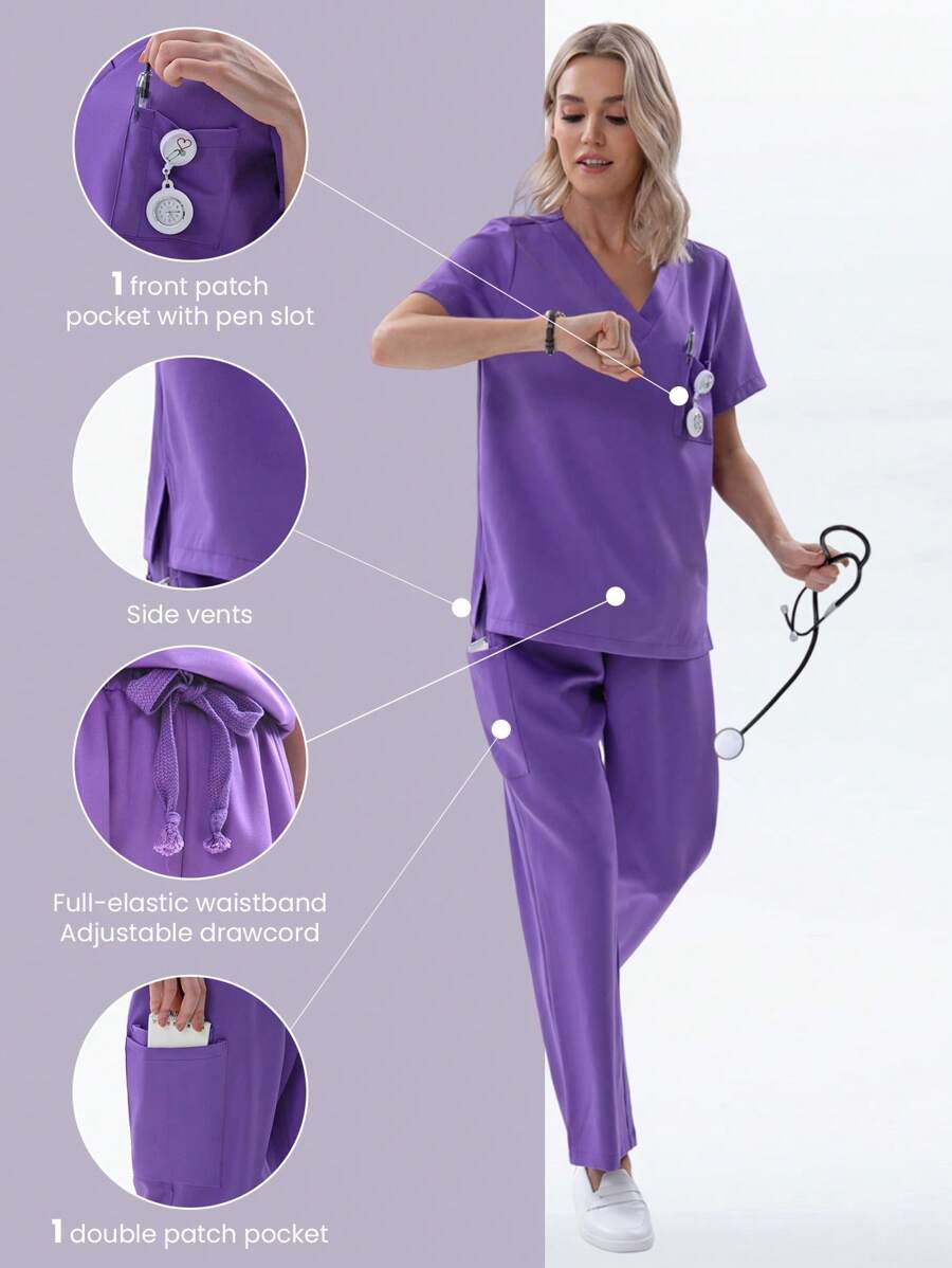 TaskEZ Scrubs 男女通用磨砂套装 女士 V 领短袖上衣和抽绳腰裤 磨砂套装 - 紫色 - 查看 1