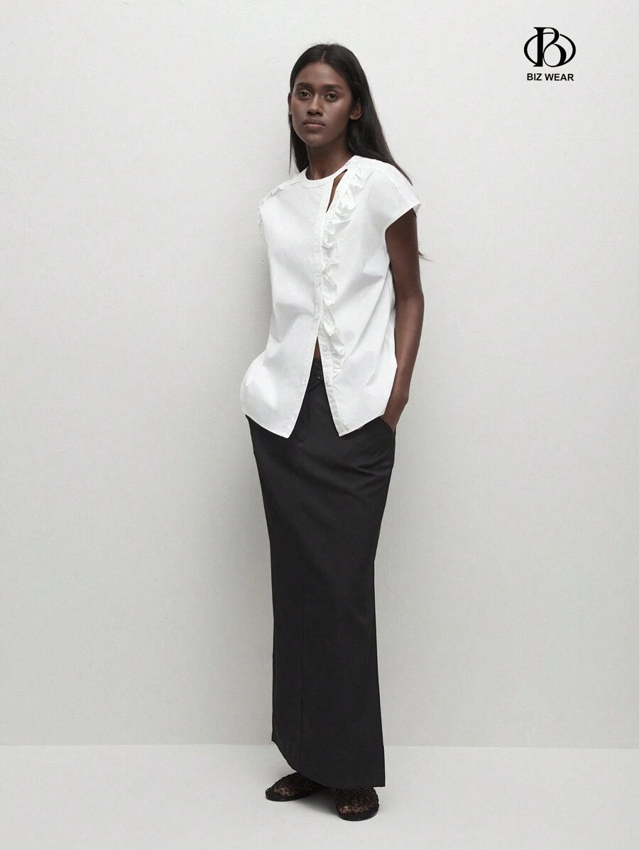 BizChic Women's Summer Casual Solid Color Hollow Out Ruffle Hem Business Leisure Shirt