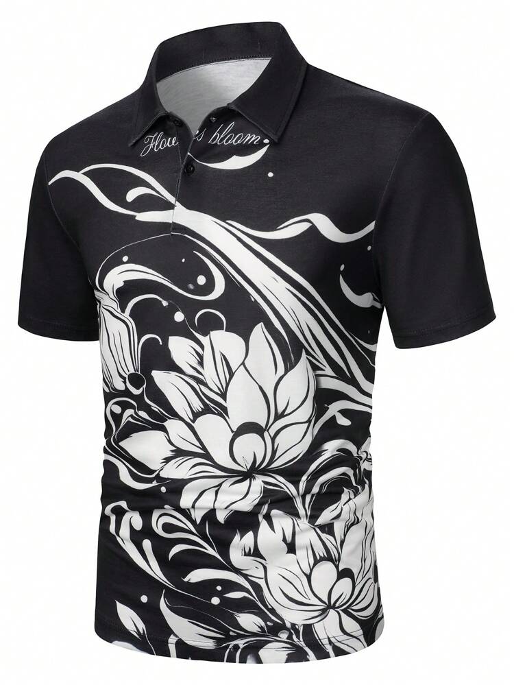 Men Summer Letter & Floral Print Short Sleeve Casual Polo Shirt