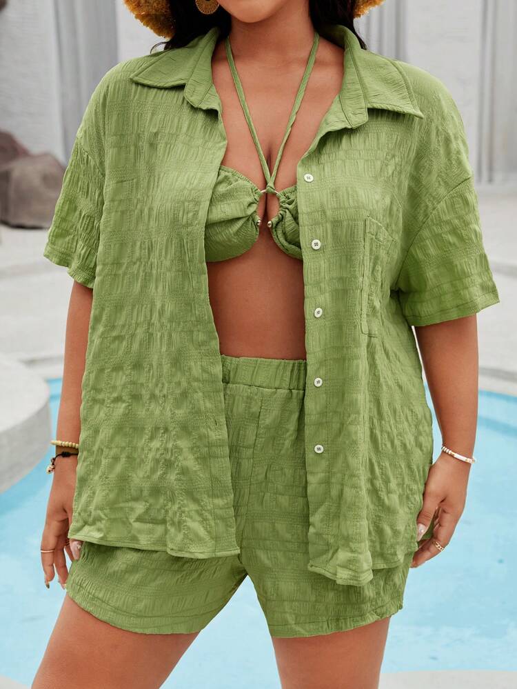 Plus Size Solid Texture Halter Neck Ultra Cropped Tank Top + Button Down Short Sleeve Shirt + Shorts Summer Set