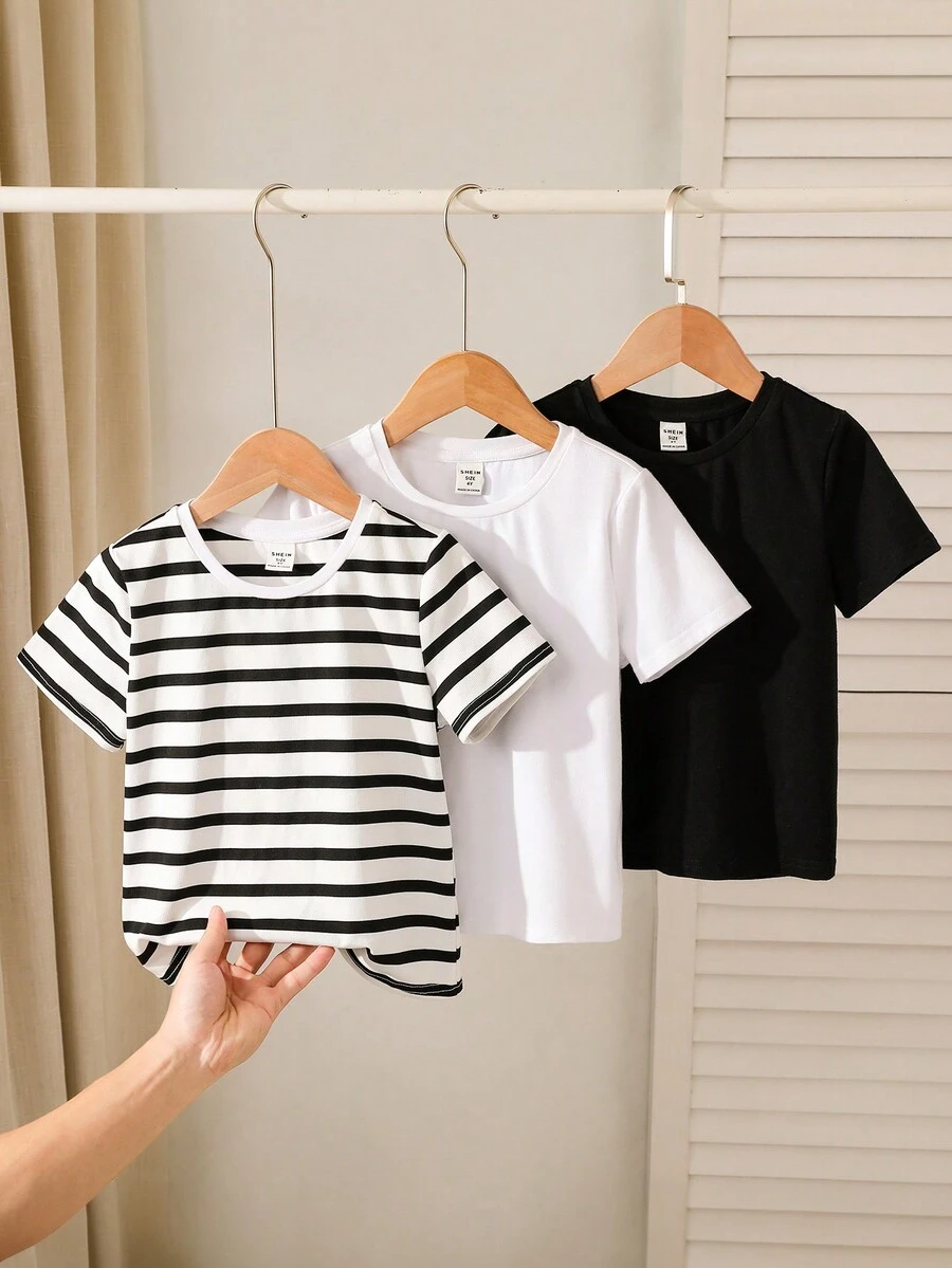 SHEIN Bộ 3 áo thun tay ngắn cổ tròn kiểu dáng thường ngày cho bé trai, thích hợp mặc mùa hè. - Nhiều màu - Xem 1