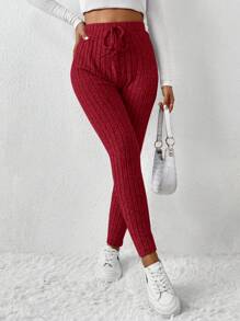 SHEIN Frenchy Tie Waist Ribbed Knit Bodycon Leggings Winter Christmas Red New Year Casual Valentine's Day - Red - View 4