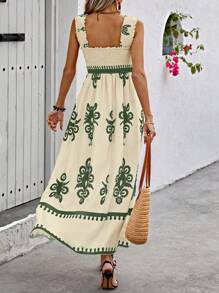 Breezaya Robe longue femme sans col à imprimé aléatoire - Militaire verte - Voir 2