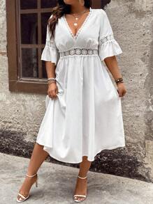Breezaya Plus Size Women's Lace Splice Flare Sleeve Dress - White - View 3