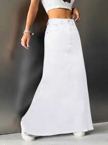 SHEIN ICON Women's Casual Denim Skirt With Patchwork And Frayed Hemline
