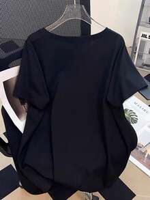 SHEIN EZwear 大码女式短袖休闲修身连衣裙，适合夏季 - 黑色 - 查看 2