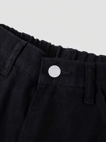 SHEIN Jeans casuales de mezclilla negra para adolescentes con estilo de patrón de rayos impresos en agua y lavado recto con piernas holgadas