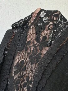 Chiquease Rochie sexy subțire, cu mânecă trompetă, cu un umăr, material din dantelă - Negru - Vizualizare 7