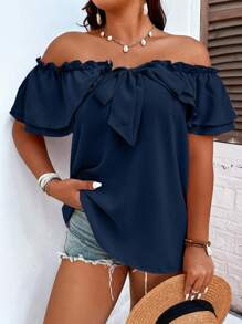 SHEIN Clasi Plus Size Holiday Casual Solid Color Off Shoulder Ruffle Trimmed Blouse - Navy Blue - View 4