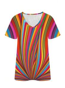 SHEIN LUNE 女士多色條紋V領短袖休閒T卹，適用於夏季 - 彩色 - 查看 4