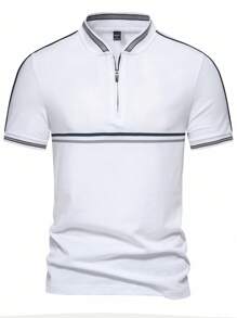Manfinity Mode Camisa polo de trabajo casual con cremallera, simple y con adorno de rayas, para hombre, para golf