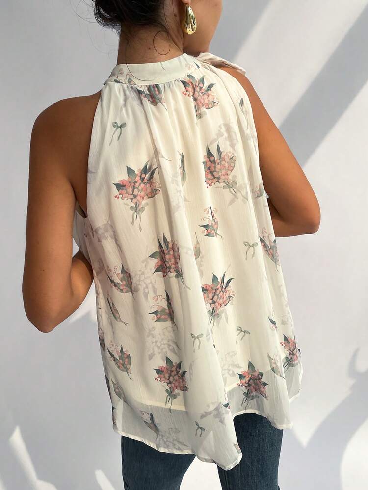 Women Chiffon Printed Pleated A-Line Back Tie Date Wedding Season Commuting Shirt