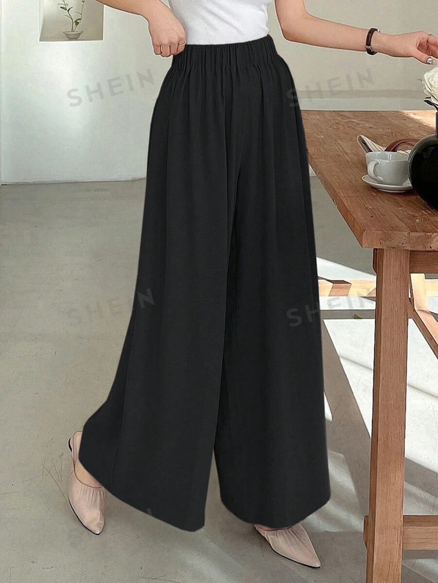 DAZY Pantalones anchos y relajados para mujer con cintura elástica texturizada, longitud larga, ropa de otoño