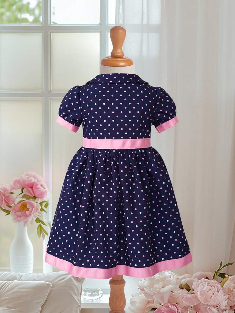 Baby Girl Peter Pan Collar Polka Dot Printed Short Sleeve Dress For Summer