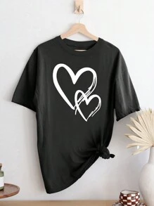 SHEIN EZwear Women Heart Print Casual Short Sleeve T-Shirt For Spring And Summer