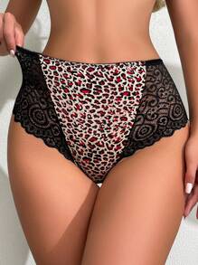 Ladies' 1pc High-Waist Contrast Lace Leopard Print Brief - Multicolor - View 1