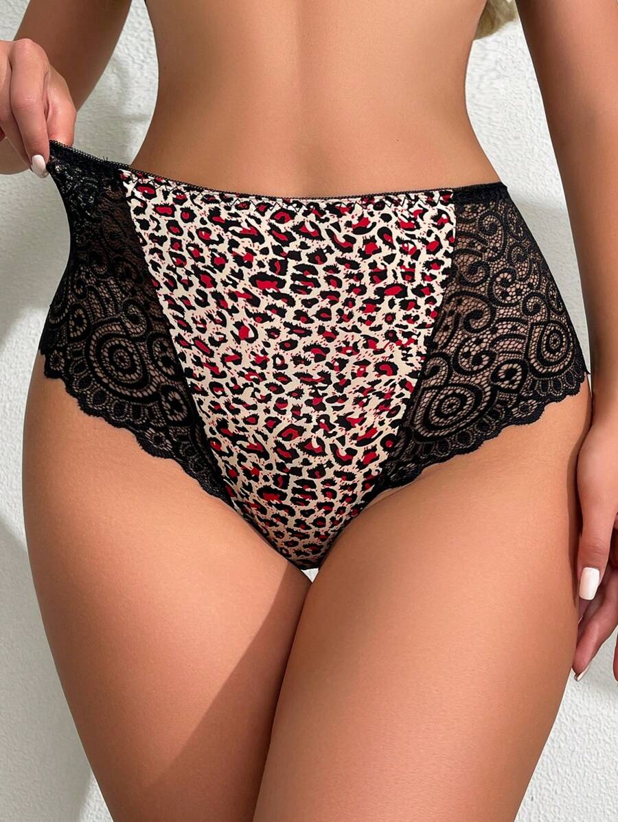 Ladies' 1pc High-Waist Contrast Lace Leopard Print Brief - Multicolor - View 1