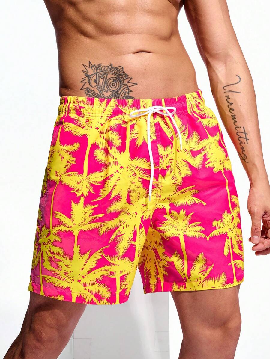 Arcluno Hombres Suelto Bermudas de Playa con impresión de Palmeras en la Cintura con cordón para vacación (patrón de corte aleatorio) - Multicolor - Ver 1