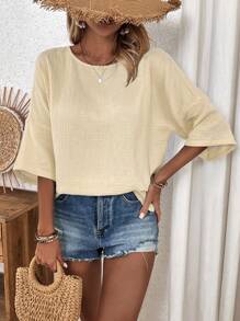 SHEIN LUNE 女性時尚顯瘦寬鬆實色縐縮襯衫