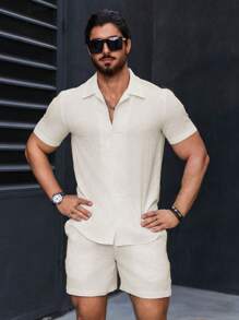 Manfinity Homme Men Summer Casual Solid Color Short Sleeve Shirt + Shorts Set - Beige - View 4