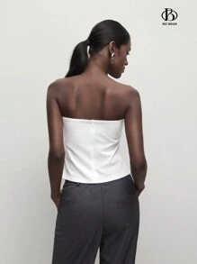 BizChic Blusa elegante de señora para el otoño, top bustier ajustado y fruncido de color blanco sólido