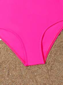 Tween Girl's Color Block Beach Holiday Ruffle Edge Hollow One Piece Swimsuit - Hot Pink - View 4