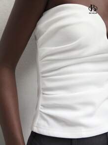 BizChic Blusa elegante de señora para el otoño, top bustier ajustado y fruncido de color blanco sólido
